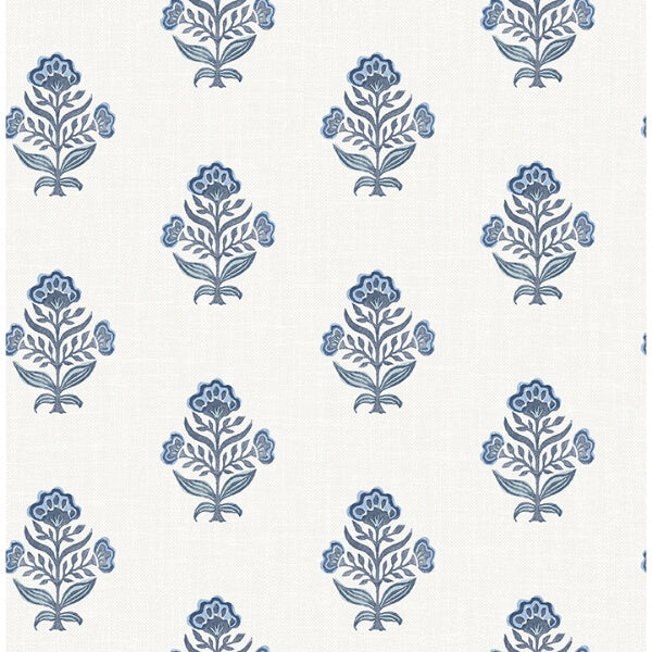 Hollyhock Blue Floral Crest Wallpaper