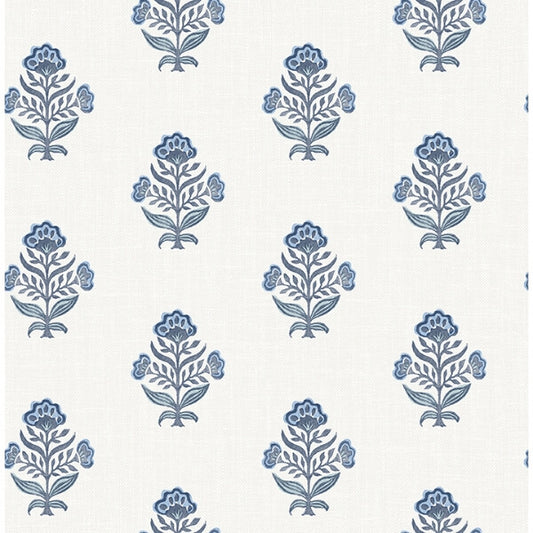 Hollyhock Blue Floral Crest Wallpaper