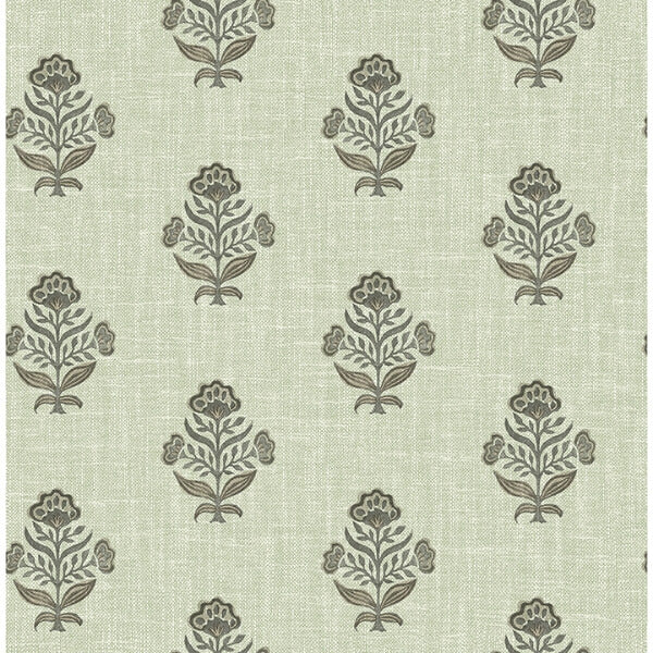 Hollyhock Green Floral Crest Wallpaper