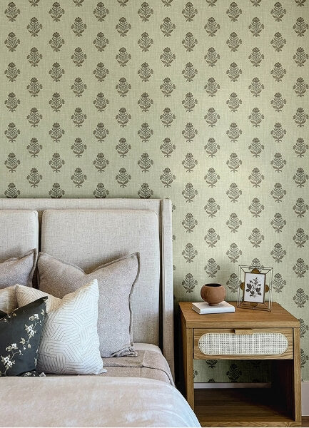 Hollyhock Green Floral Crest Wallpaper