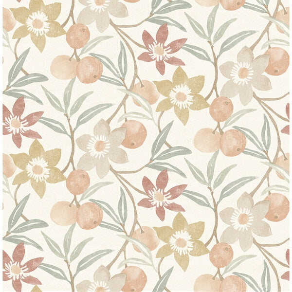 Passiflora Peach Fruit and Floral Wallpaper