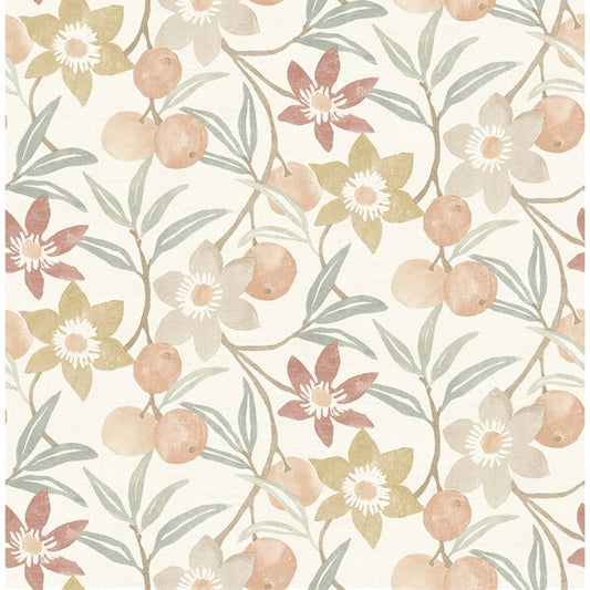Passiflora Peach Fruit and Floral Wallpaper