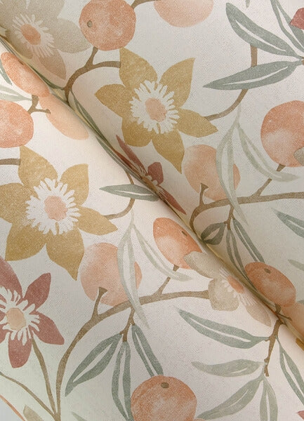 Passiflora Peach Fruit and Floral Wallpaper