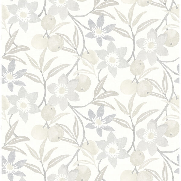 Passiflora Grey Fruit and Floral Wallpaper