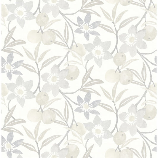 Passiflora Grey Fruit and Floral Wallpaper