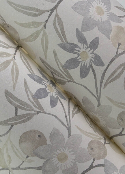 Passiflora Grey Fruit and Floral Wallpaper