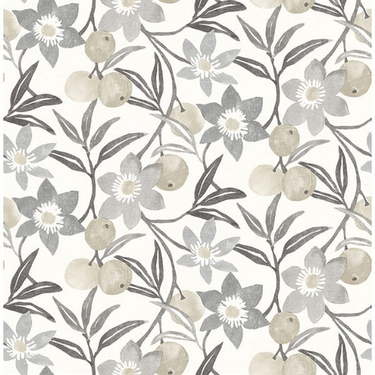 Passiflora Charcoal Fruit and Floral Wallpaper