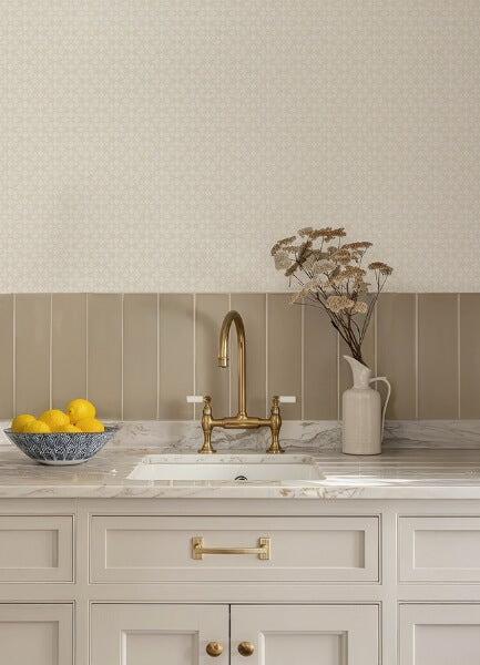 Phlox Beige Floral Stamp Wallpaper