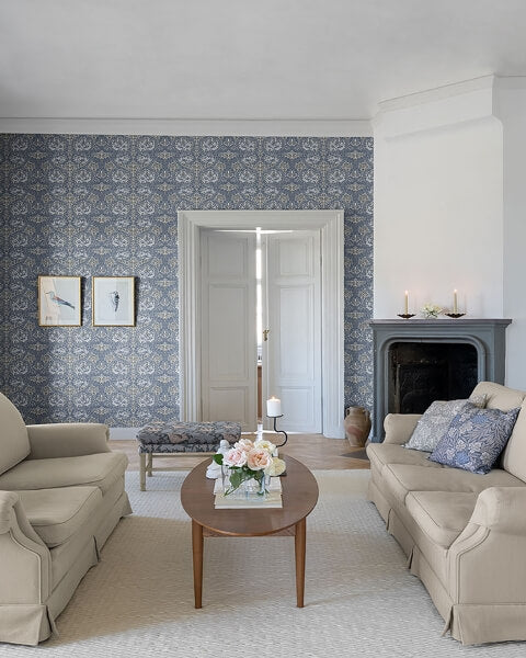 African Marigold Blue Floral Wallpaper