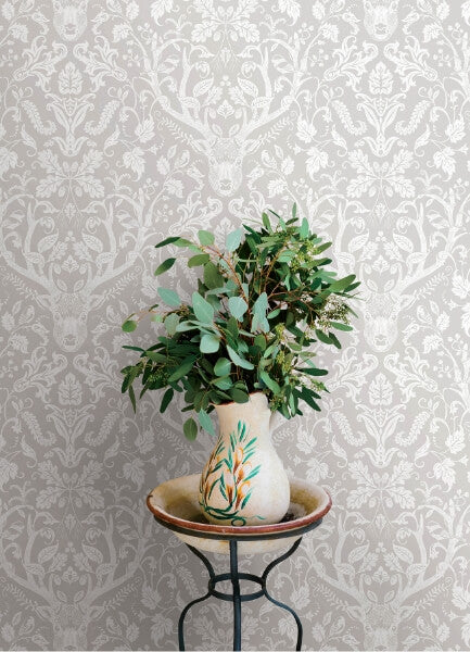 Kiwassa Grey Antler Damask Wallpaper