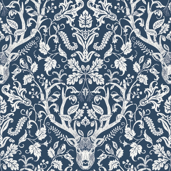 Kiwassa Navy Antler Damask Wallpaper