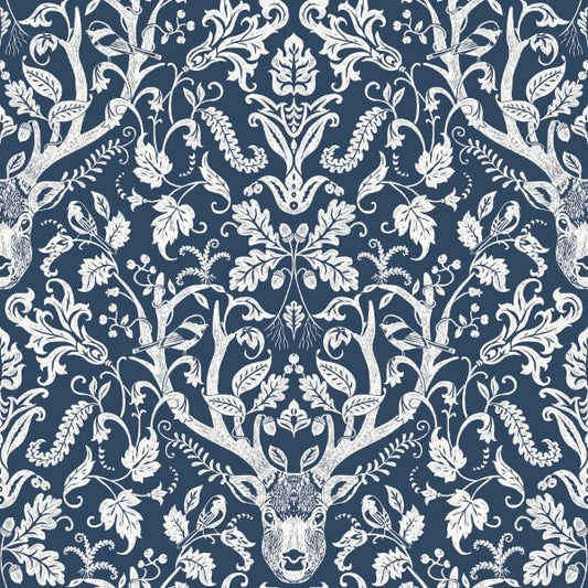 Kiwassa Navy Antler Damask Wallpaper