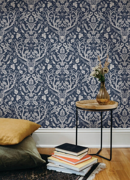 Kiwassa Navy Antler Damask Wallpaper