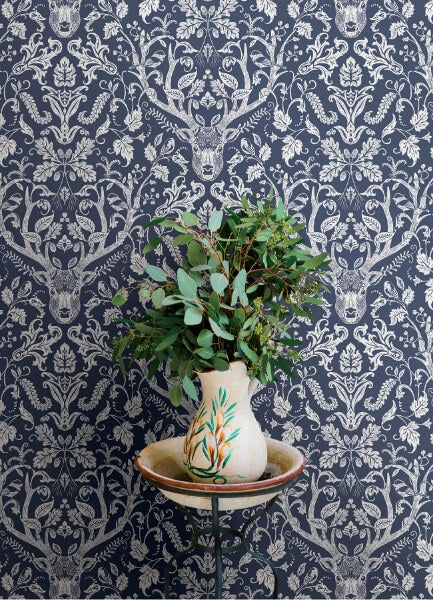 Kiwassa Navy Antler Damask Wallpaper