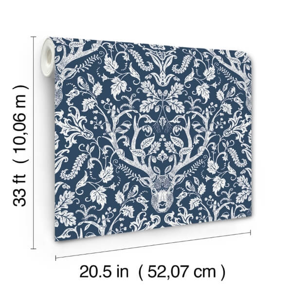 Kiwassa Navy Antler Damask Wallpaper