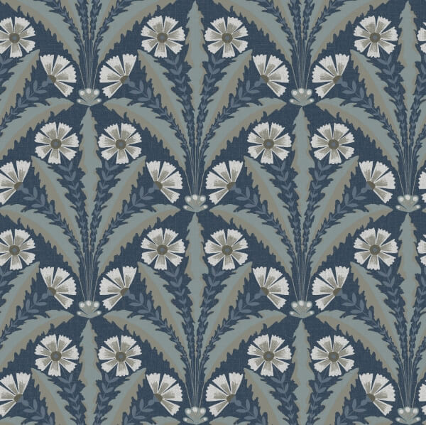 Tap Root Dark Blue Floral Damask Wallpaper