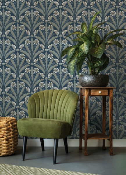 Tap Root Dark Blue Floral Damask Wallpaper