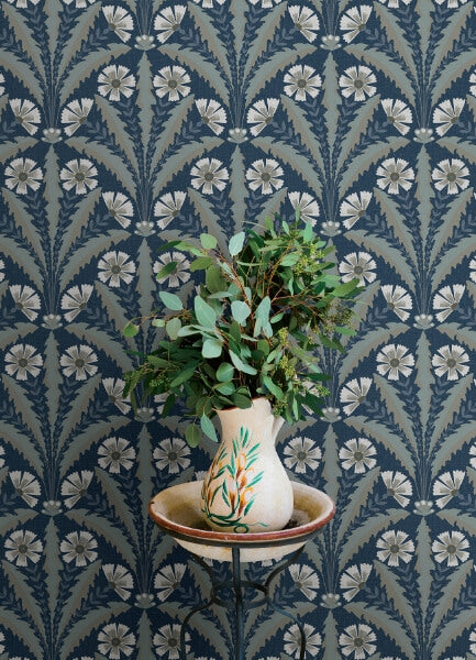 Tap Root Dark Blue Floral Damask Wallpaper