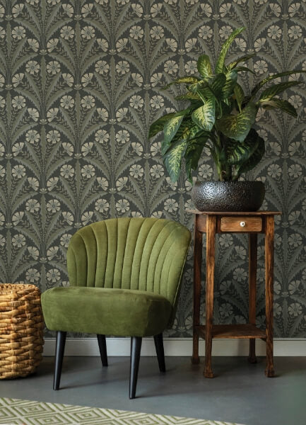 Tap Root Charcoal Floral Damask Wallpaper