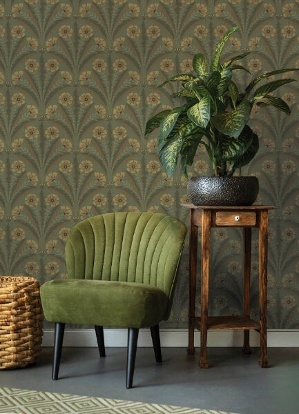 Tap Root Green Floral Damask Wallpaper