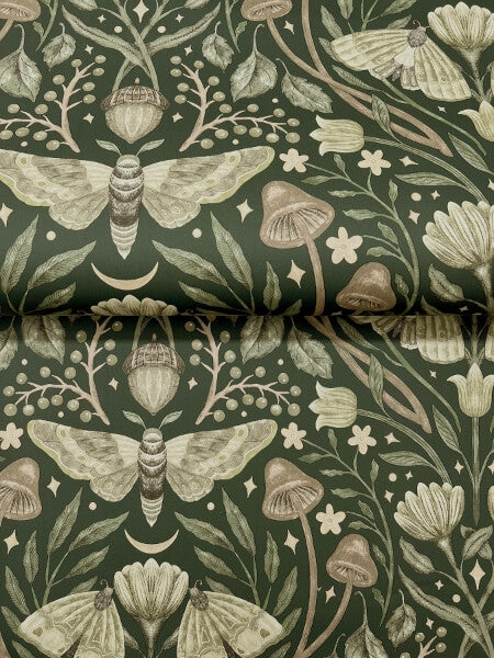 Mystic Moth Dark Green Forest Magic Wallpaper