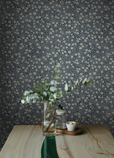 Poppy Trail Dark Blue Floral Wallpaper