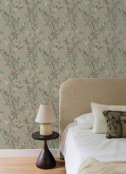Tea Olive Green Finch Frolic Wallpaper