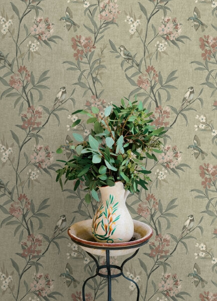 Tea Olive Green Finch Frolic Wallpaper
