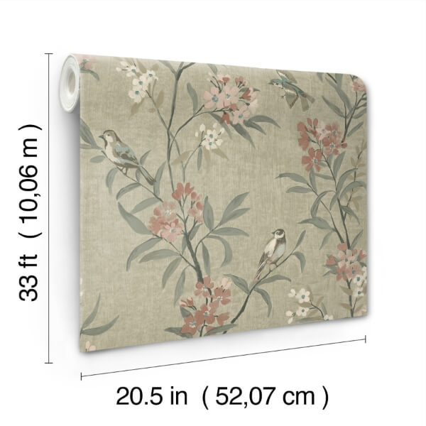 Tea Olive Green Finch Frolic Wallpaper