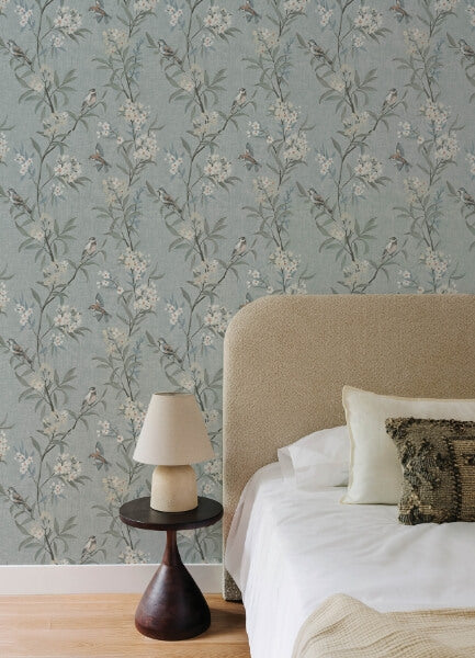 Tea Olive Blue Finch Frolic Wallpaper
