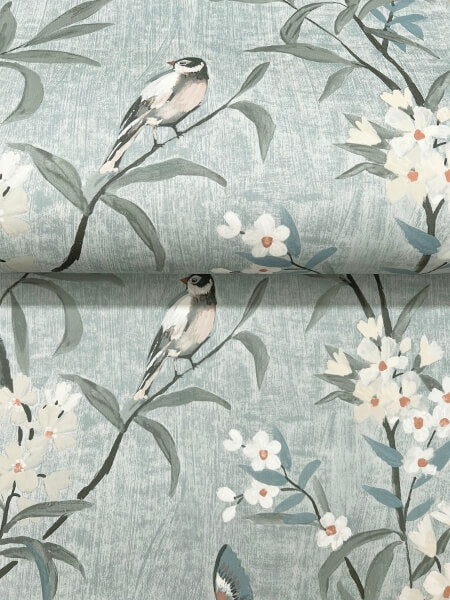 Tea Olive Blue Finch Frolic Wallpaper