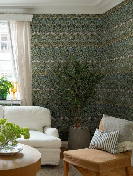 Bird Multicolor Floral Thicket Wallpaper