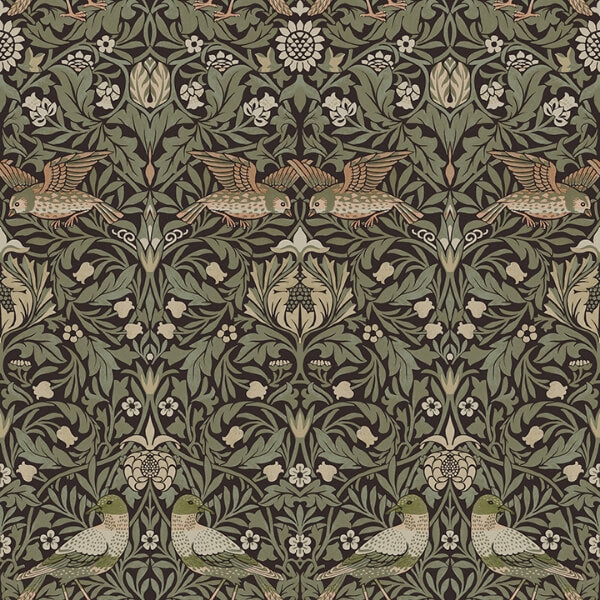 Bird Brown Floral Thicket Wallpaper