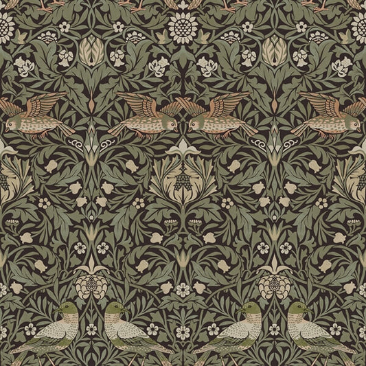 Bird Brown Floral Thicket Wallpaper