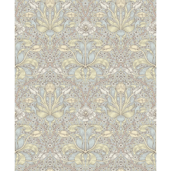 Spring Thicket Light Blue Tulip Damask Wallpaper