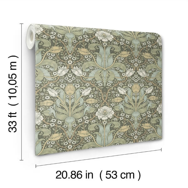 Spring Thicket Green Tulip Damask Wallpaper