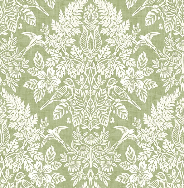Finch Light Green Woodland Damask Wallpaper