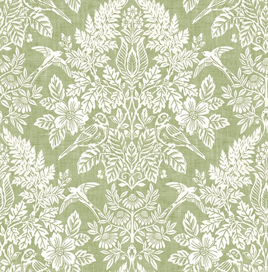 Finch Light Green Woodland Damask Wallpaper