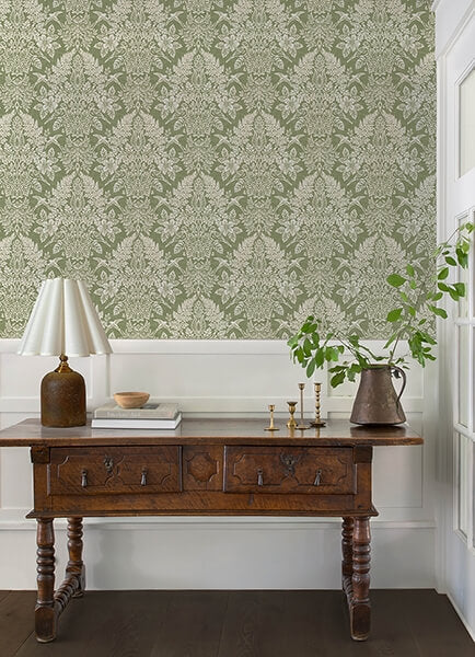 Finch Light Green Woodland Damask Wallpaper