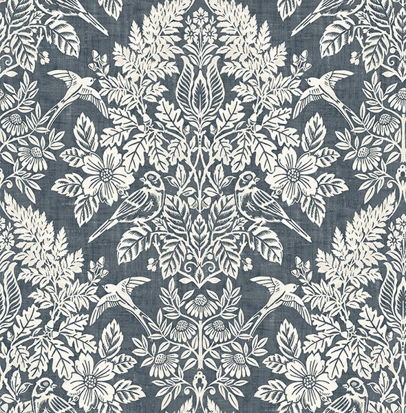 Finch Blue Woodland Damask Wallpaper