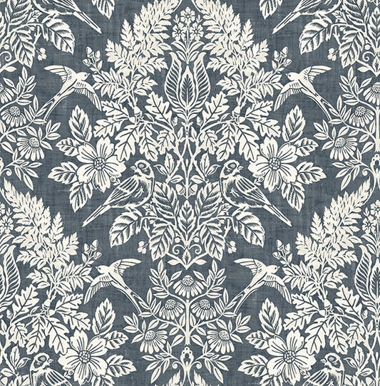 Finch Blue Woodland Damask Wallpaper