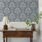 Finch Blue Woodland Damask Wallpaper
