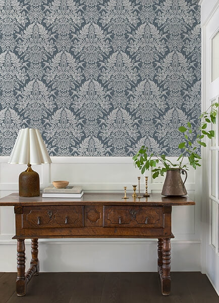 Finch Blue Woodland Damask Wallpaper