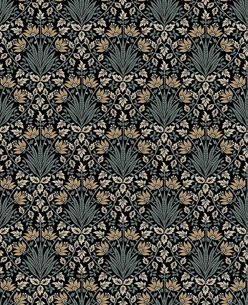 Woodbury Black Floral Damask Wallpaper