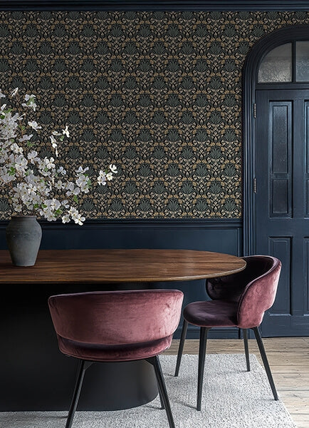 Woodbury Black Floral Damask Wallpaper