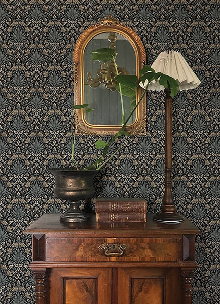 Woodbury Black Floral Damask Wallpaper