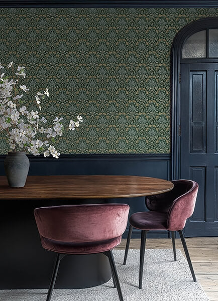 Woodbury Evergreen Floral Damask Wallpaper