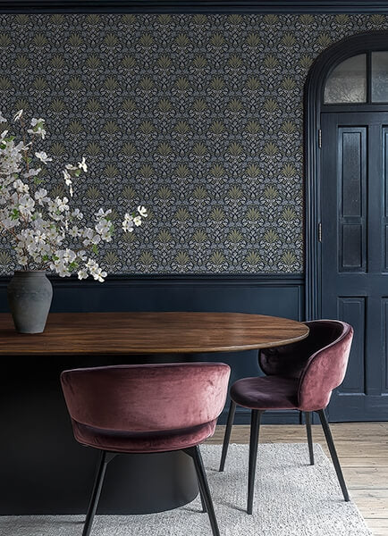 Woodbury Navy Floral Damask Wallpaper