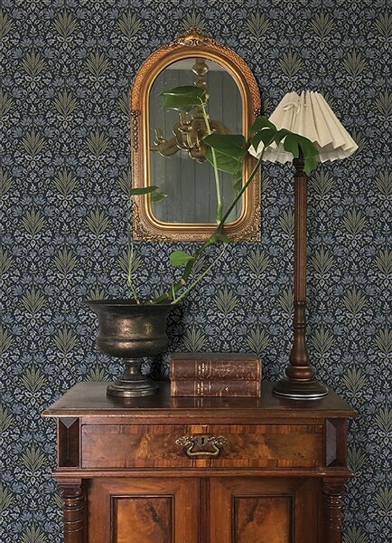 Woodbury Navy Floral Damask Wallpaper