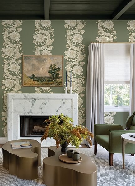 Gisela Green Floral Columns Wallpaper
